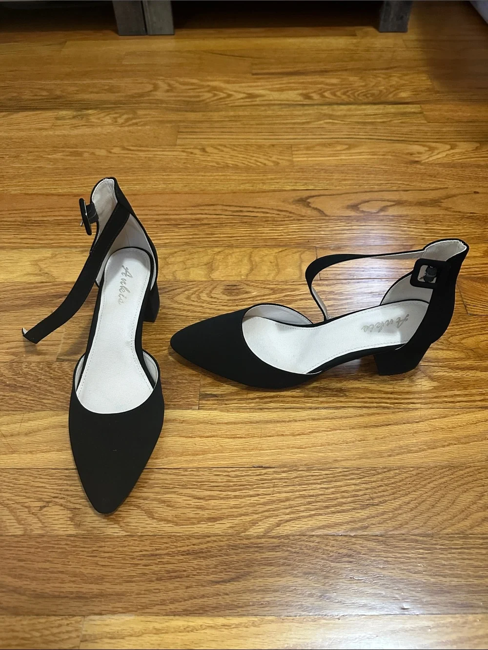 Black Pointed-Toe Ankle-Strap Block Heels